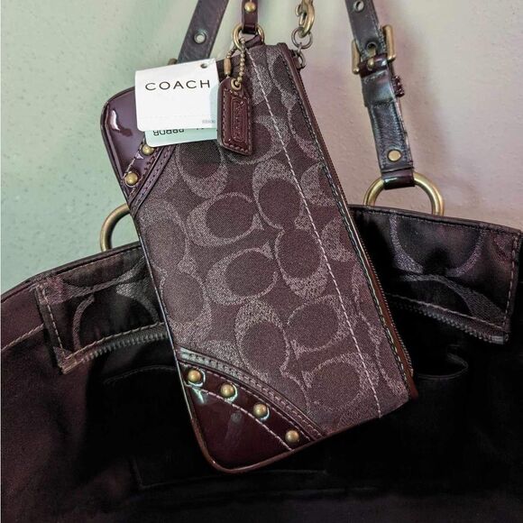 COACH Brown metallic Lurex Jacquard SIG C Studded Tote & matching Wristlet - Picture 1 of 9